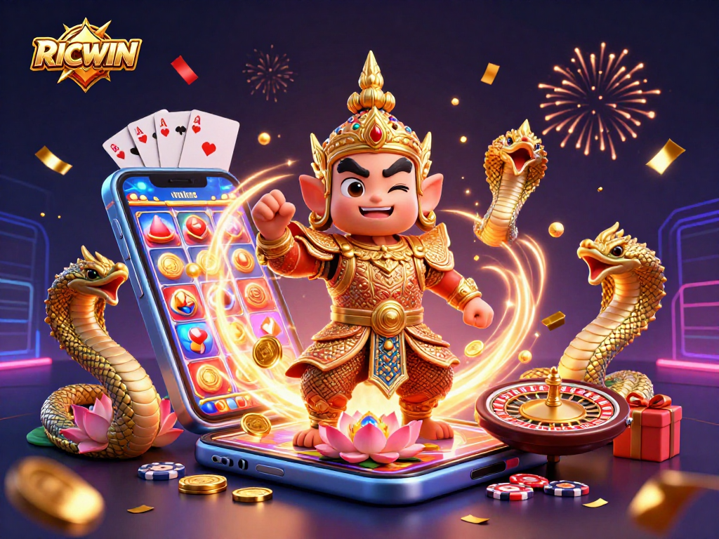 Engage with RICWIN by spinning vibrant slot reels in this 3D casino fantasy illustration.