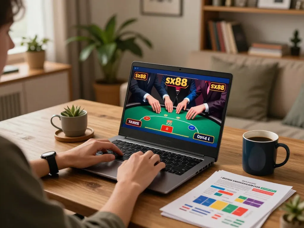 SX88 casino player strategizing with laptop and notebook in warm home setup