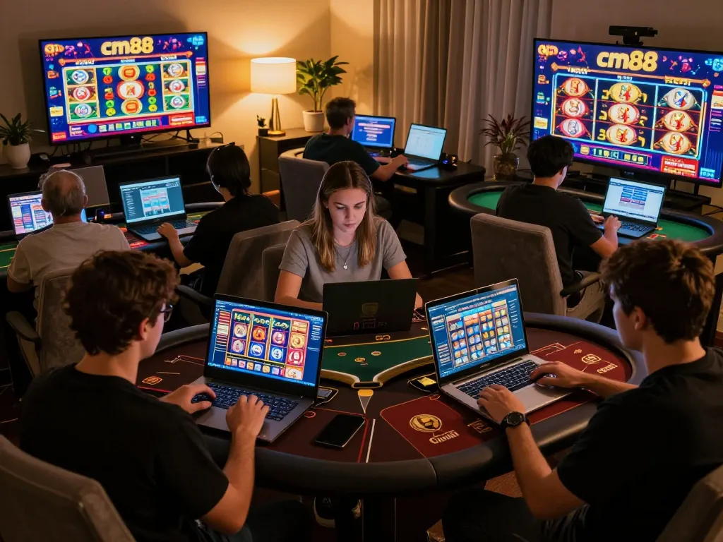 Players strategizing their bets on the cm88 online casino platforms, showcasing dynamic gameplay on laptops and mobile devices.