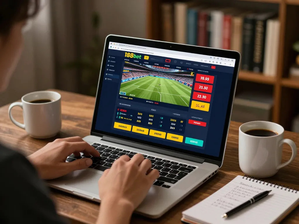 Betting on sports at home with the 188bet platform showing betting options and odds.