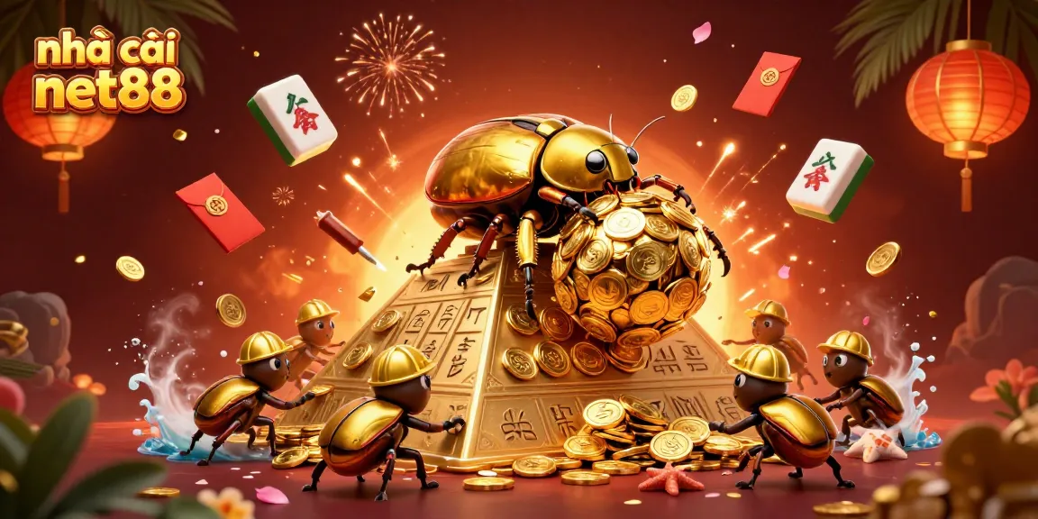Engage with nhà cái net88 through vibrant 3D casino-themed art featuring golden beetles and festive elements.