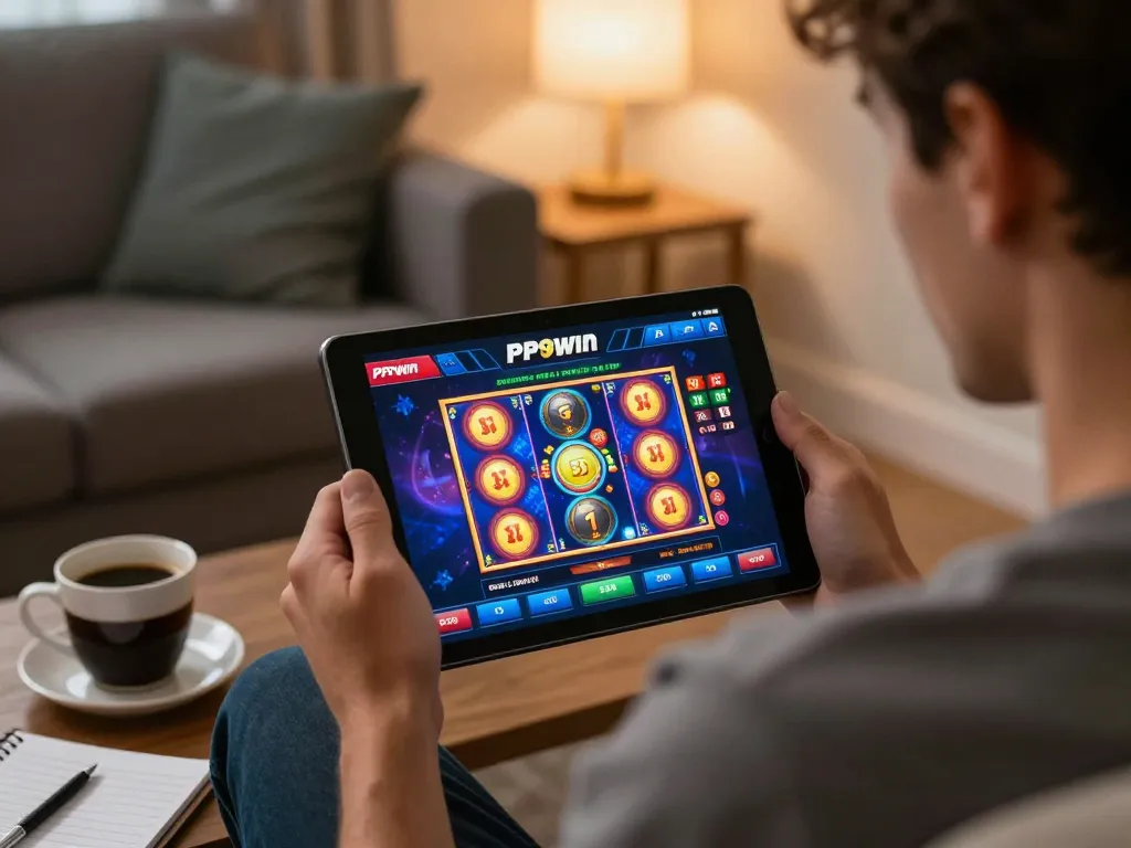 Engaged player exploring PP9 win slot games on a tablet in cozy home setting, emphasizing responsible gaming.