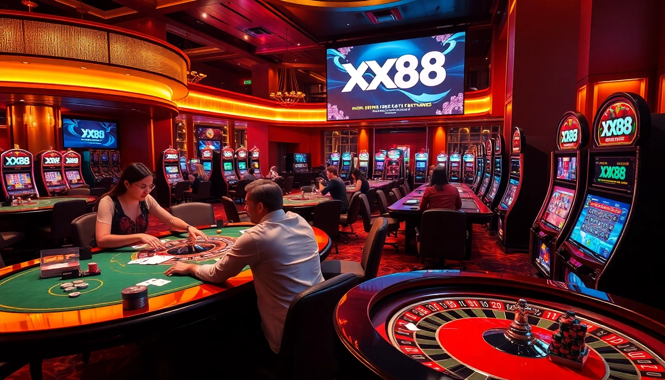 Engaged gamblers enjoying an exciting gaming experience at XX88 casino tables with vibrant atmosphere.