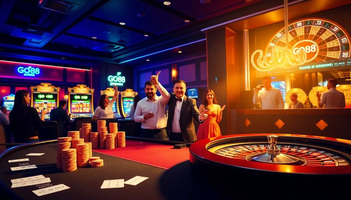 Experience the excitement of Go88 with vibrant casino elements like roulette wheels and poker chips.