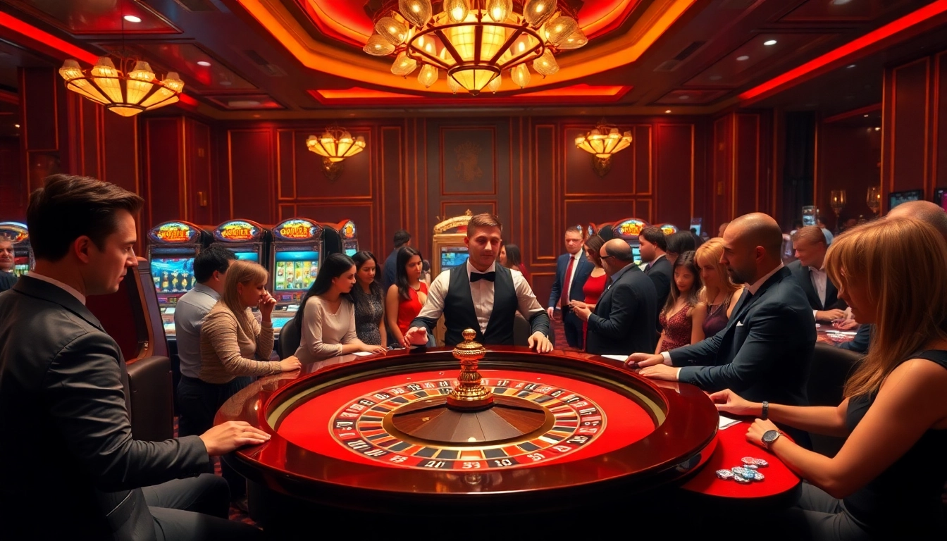 Players enjoying a lively roulette game at phsky.ltd casino with vibrant lighting and luxurious atmosphere.