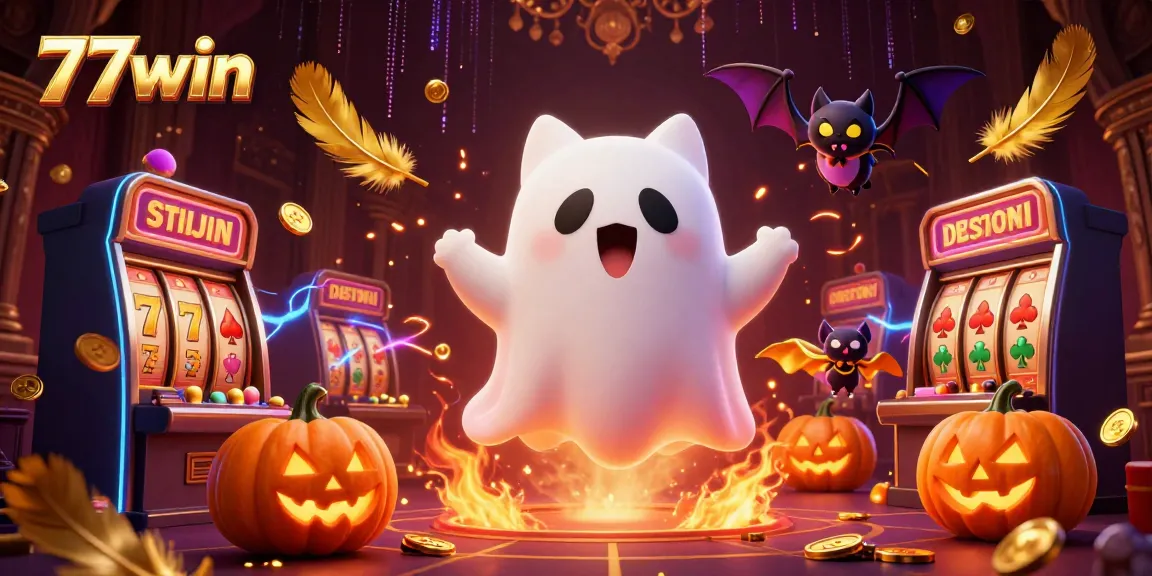 Experience thrilling slots at 77win with glowing slot machines and vibrant ghostly characters.