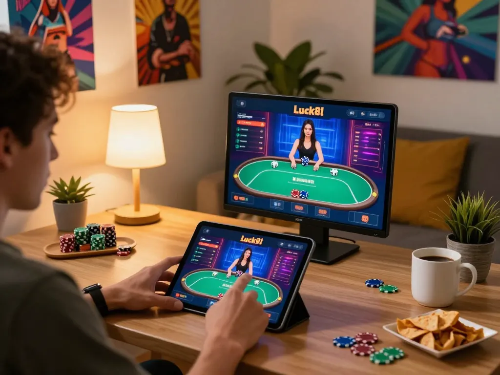 Player enjoying the luck8l casino app in a cozy home setup, strategic gaming environment