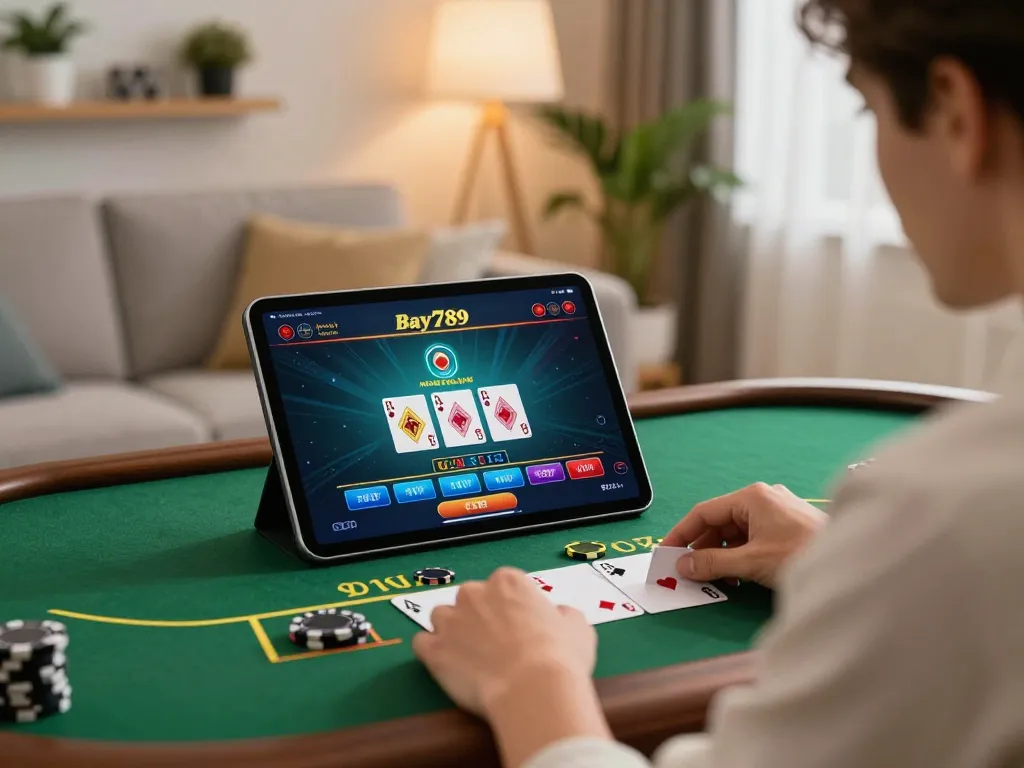 Engaging with Bay789 online blackjack game on tablet in cozy modern living space.
