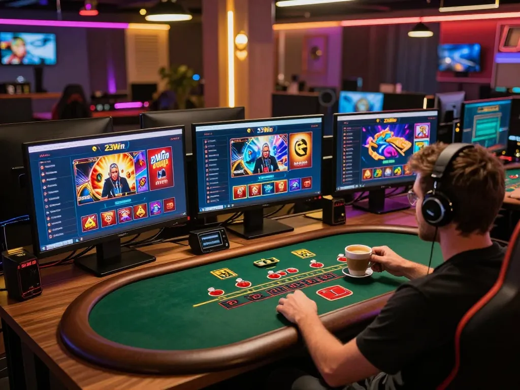 Engaging online gaming scene showcasing 23Win with live blackjack gameplay on multiple screens.
