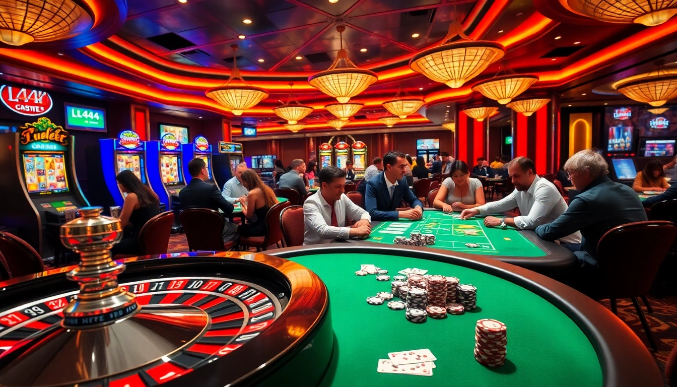 Players enjoying thrilling games at L444 Casino with vibrant roulette wheels and slot machines.