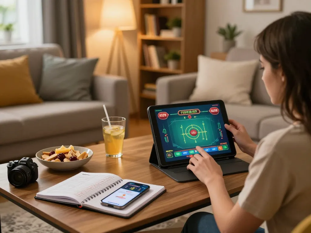 Player enjoying live dealer game on ALO8 app in cozy home setting with warm lighting