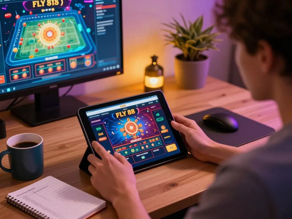 Engaging tablet gameplay for FLY 88 demonstrating online casino excitement in a cozy home setting