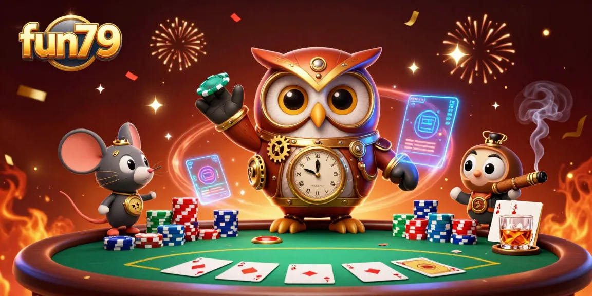 Experience thrilling fun79 gaming adventures with a dynamic owl and mouse at a vibrant casino.