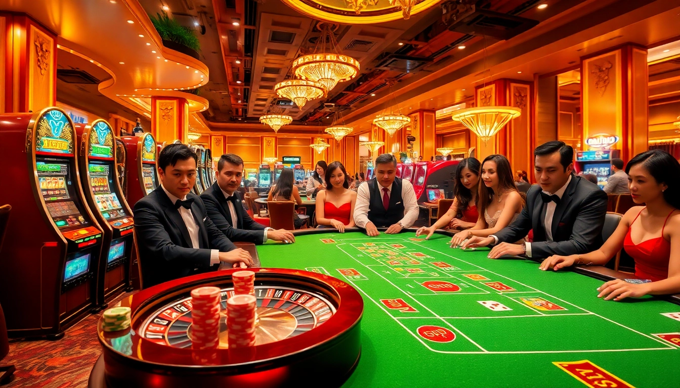 Players enjoy a thrilling casino experience at uu88, surrounded by elite gaming tables and vibrant slot machines.