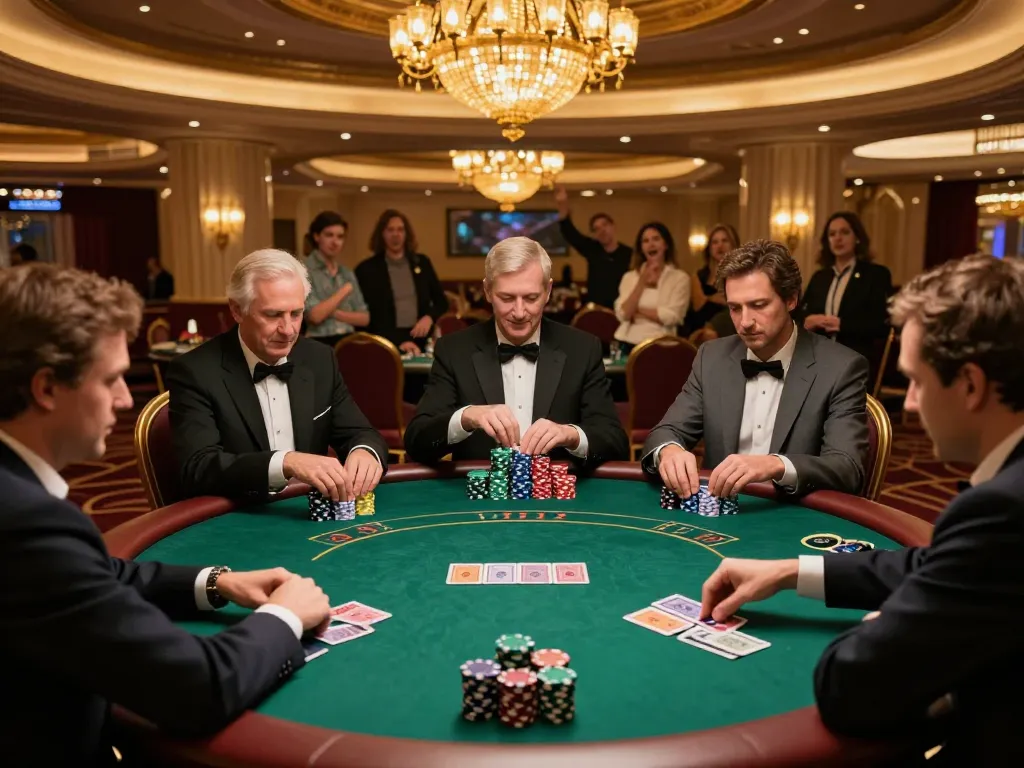High-stakes poker game at a luxurious casino venue showcasing strategic gameplay and vibrant chip stacks at jun88.