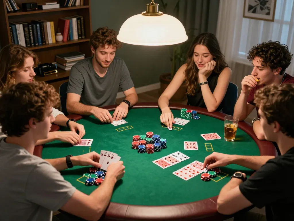 Enjoy ดูบอล with friends during an exciting poker night, vibrant setting with winning hands and cozy atmosphere.