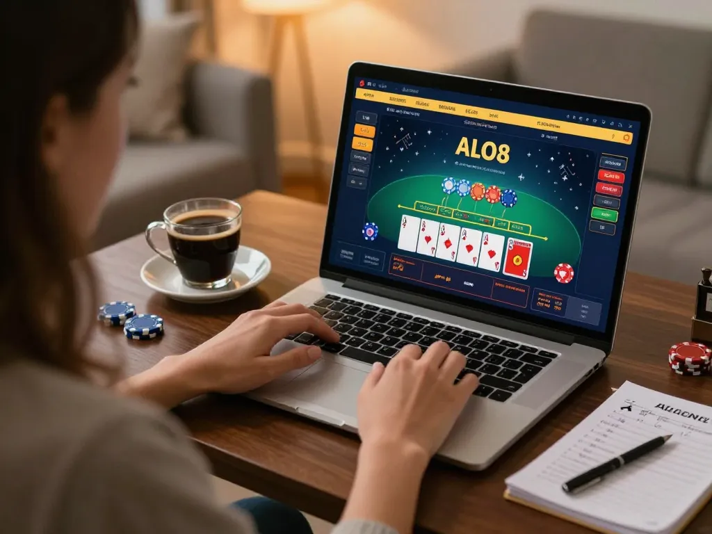 Player engaging with ALO8 live dealer blackjack on a laptop, cozy home setting with strategy notes.