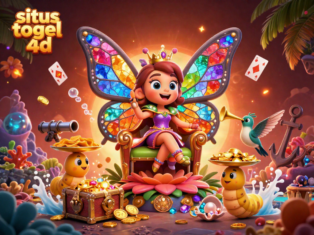 Engage with situs togel 4d through a vibrant lottery scene featuring a butterfly queen and treasures.
