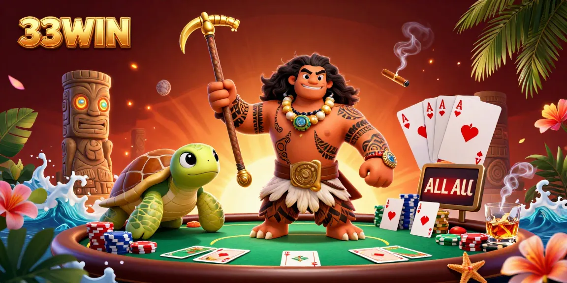 Engage with exciting poker action at 33WIN, featuring vibrant characters and dynamic casino elements.