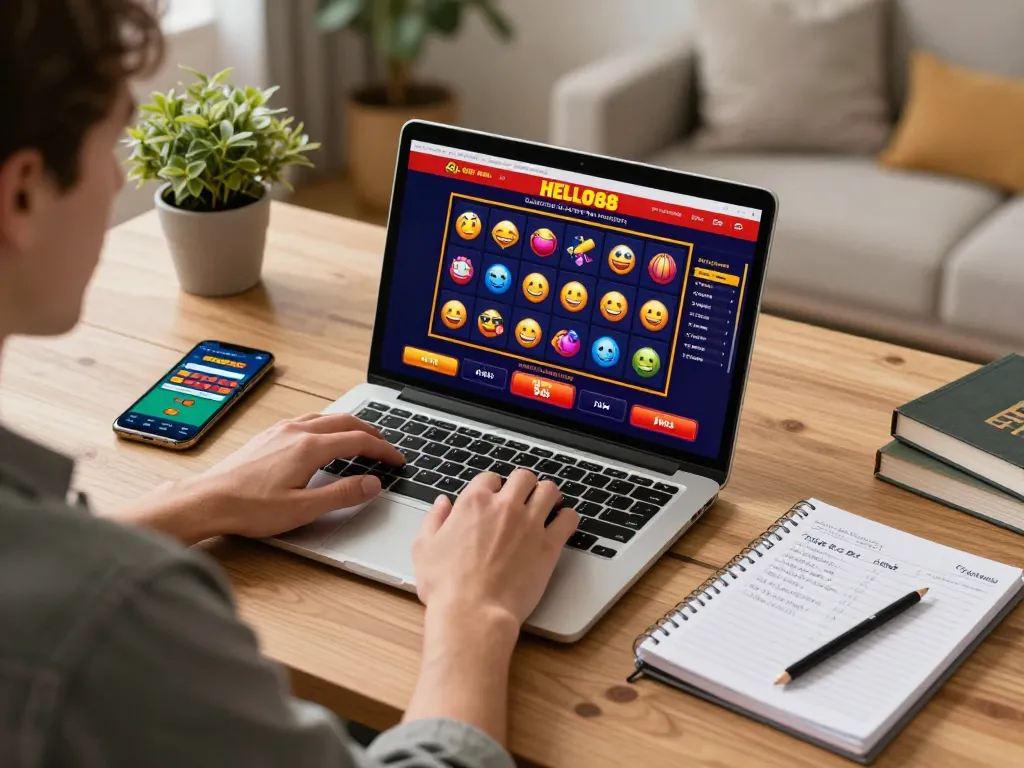 Engaging with HELLO88 online casino on a laptop, showcasing vibrant slots and personal strategy notes.