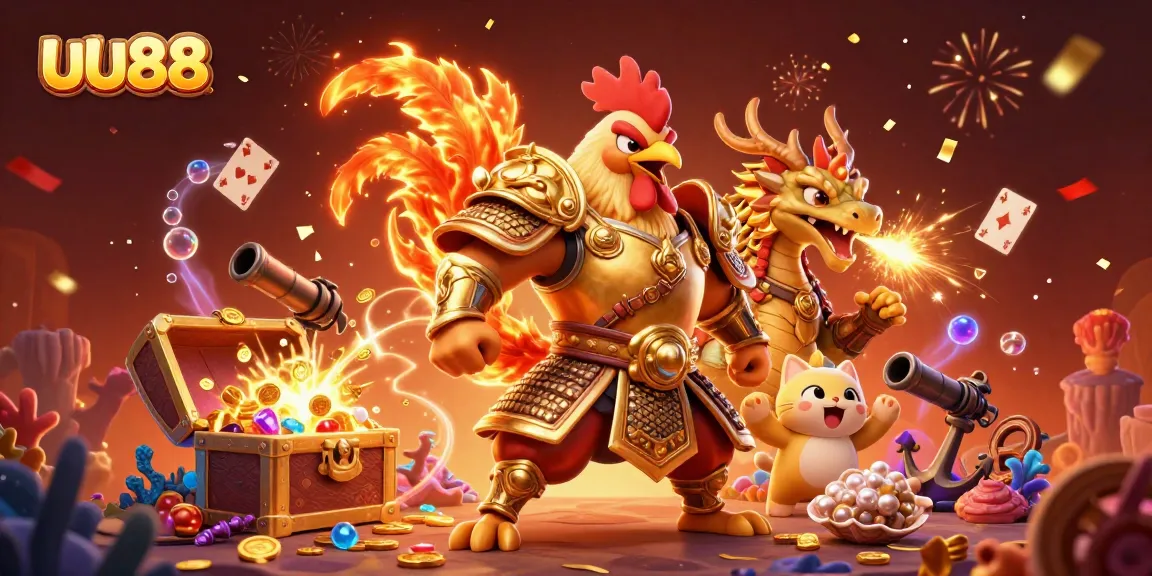 uu88 captures the excitement of online gaming with cartoon characters and vibrant casino elements.