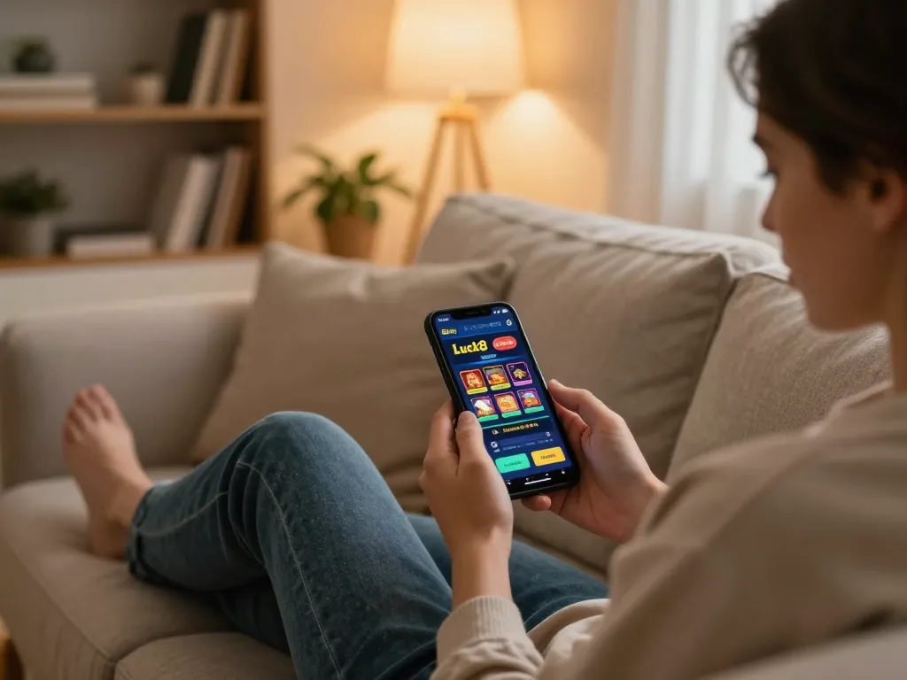 Mobile gaming experience on the Luck8 app, showcasing dynamic gameplay selections in a relaxed home setting.