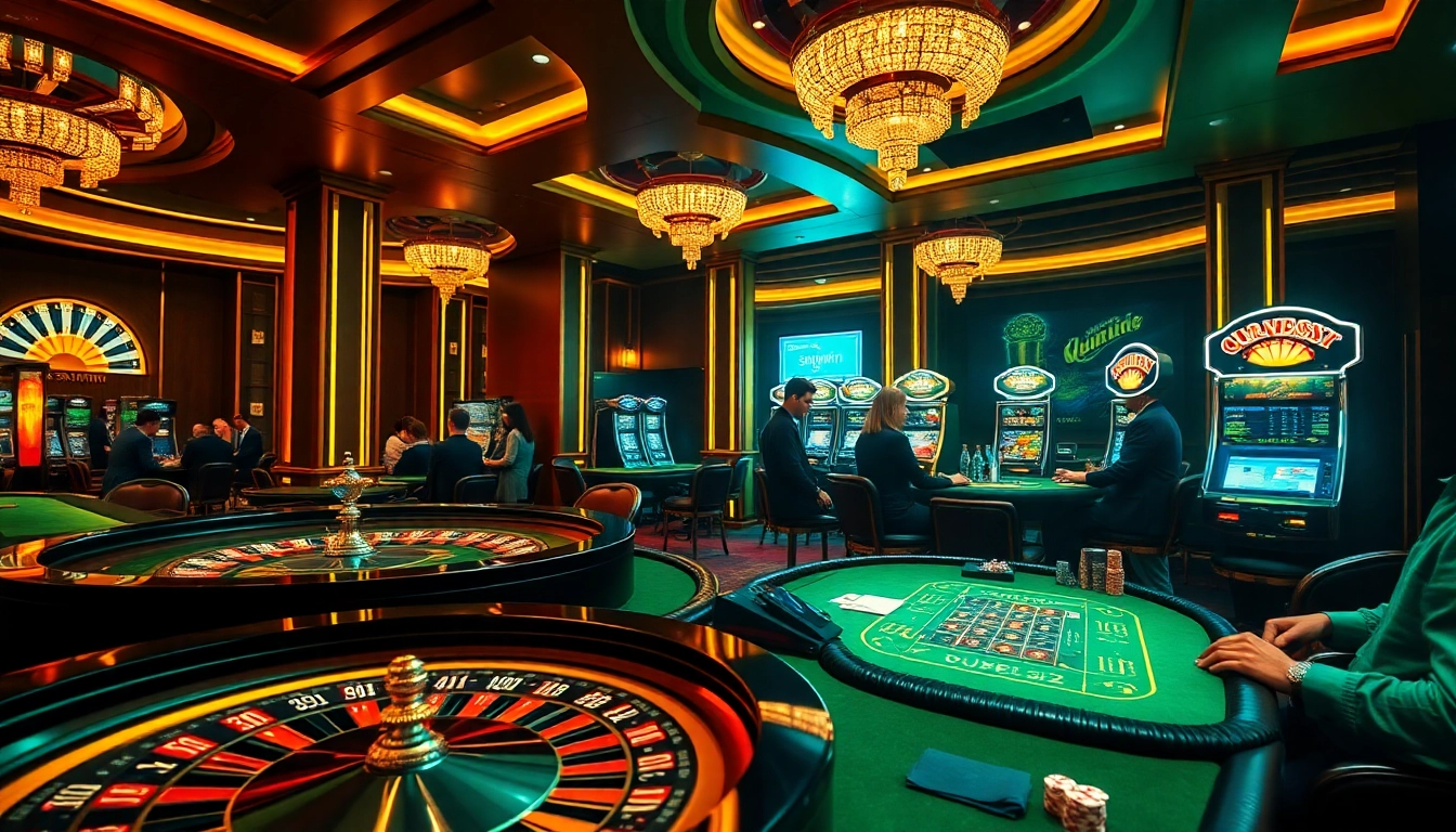 Players enjoying a thrilling game at the sunwin casino, surrounded by poker chips and vibrant slot machines.
