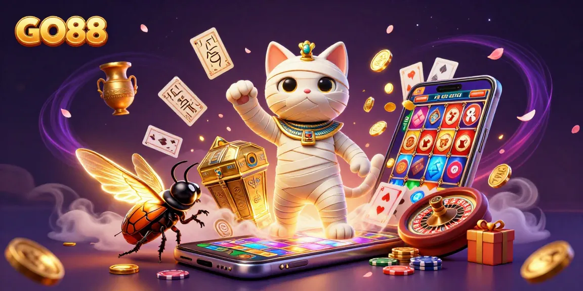GO88 offers an electrifying casino experience with a mummy cat and a scarab beetle in a vibrant scene.