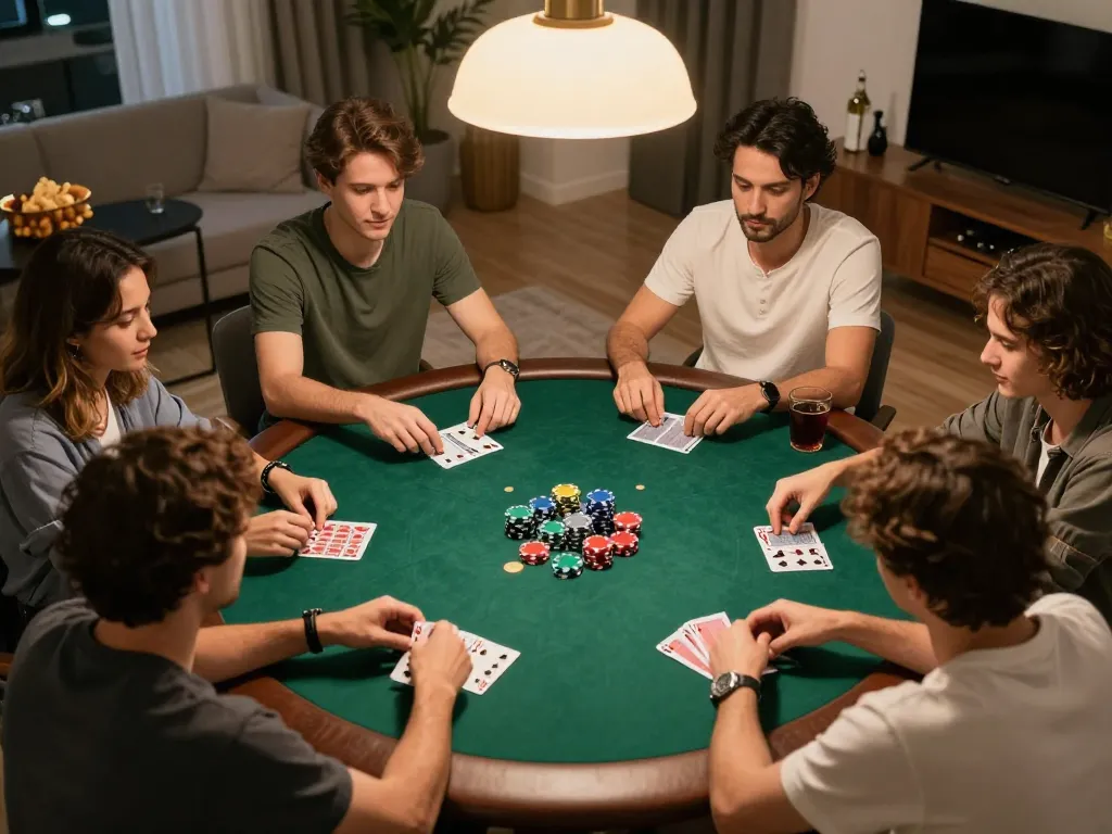 Engaging home poker night showing participants at the table with cards and chips, encapsulating the essence of nhà cái GG88.