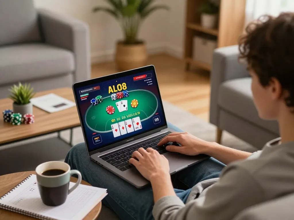 Engaging online poker gameplay on ALO8 with strategic notes in a cozy home setting.