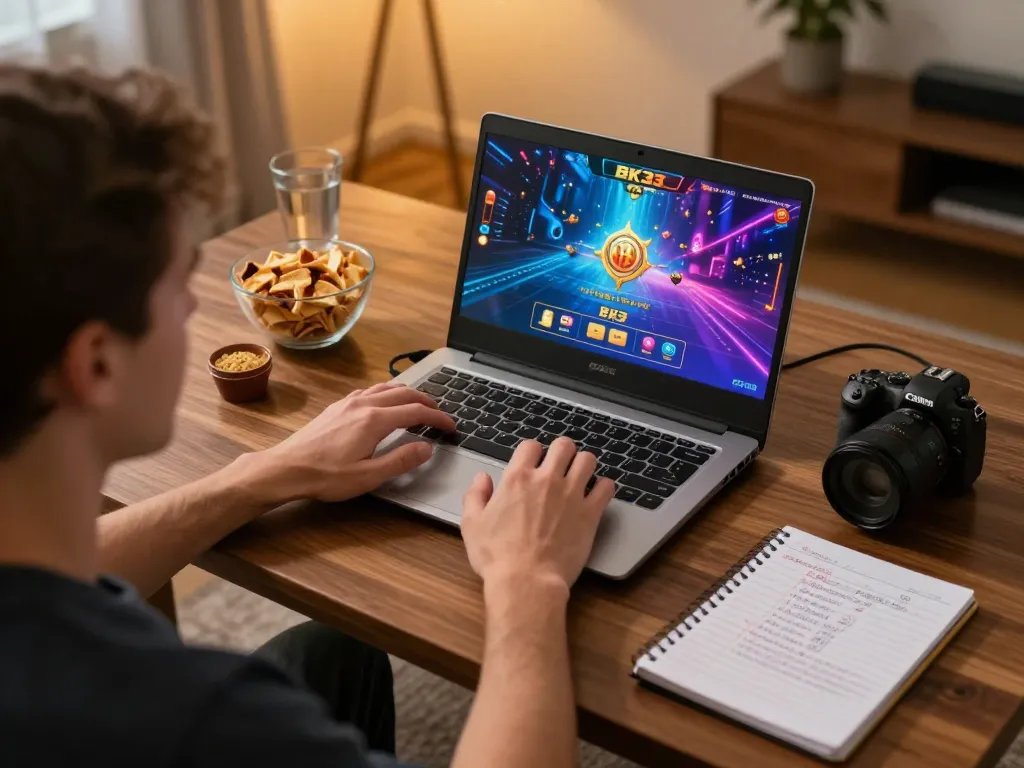 Player enjoying BK33 online casino on a laptop in a cozy home setting, showcasing engaging gameplay.