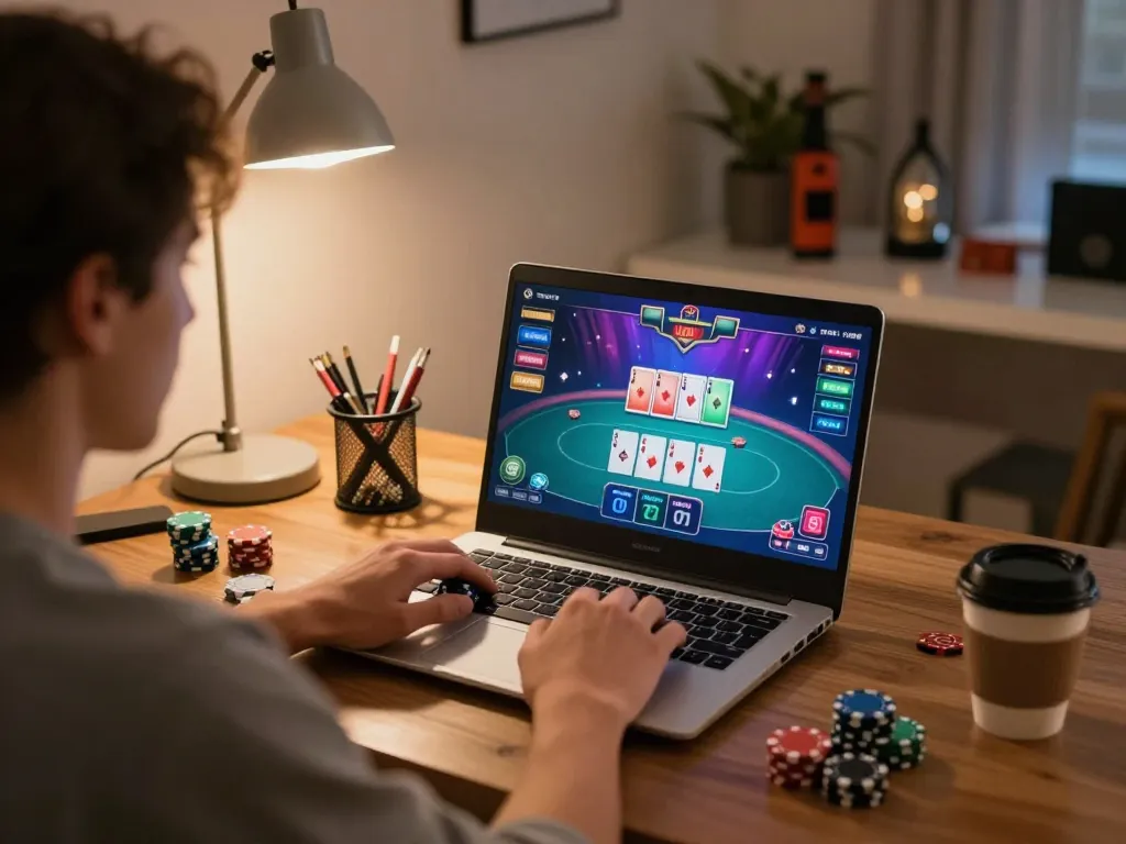 Player immersively engaging in a poker game at VS555 through a laptop, highlighting dynamic gameplay and strategy.