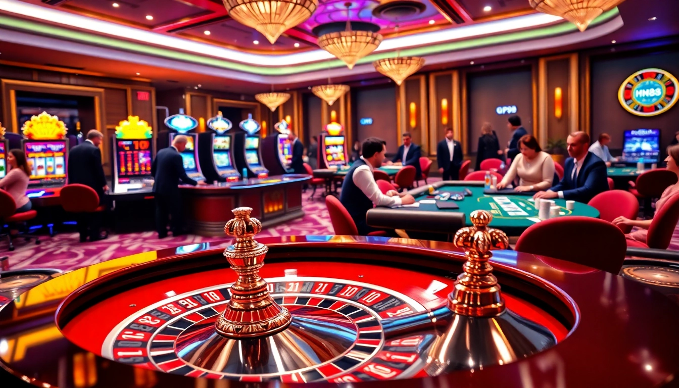 HM88 gamblers celebrating a win at a vibrant roulette table in a luxurious casino setting.