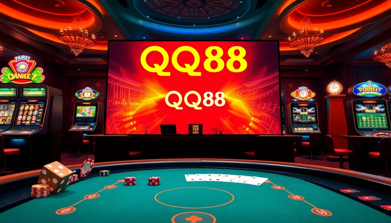 Experience the thrill of online gaming at https://qq88.life with vibrant slot machines and a poker table.