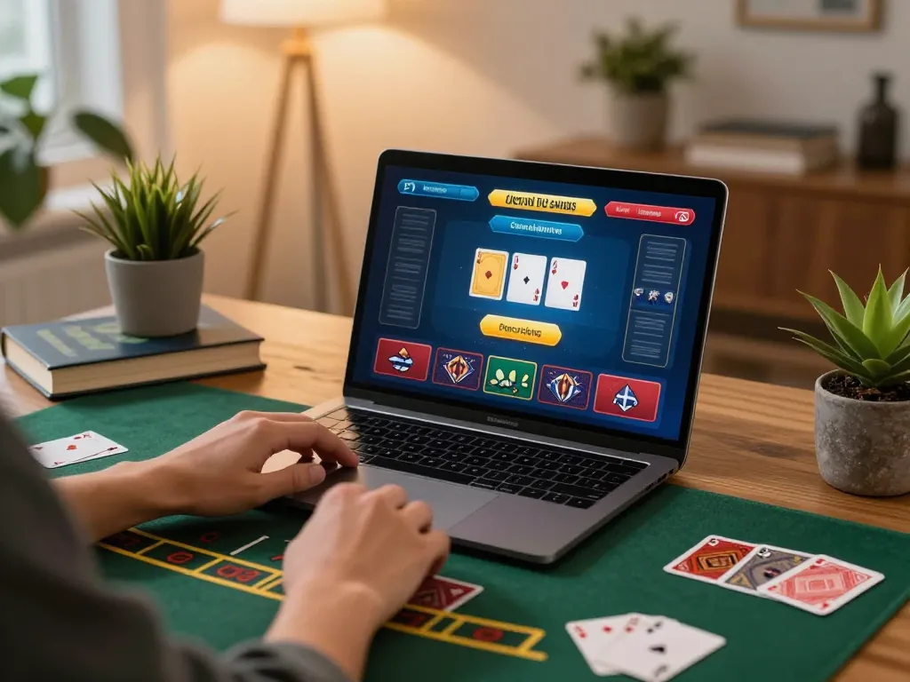 O8 players engaging in strategic blackjack gameplay using a laptop in a cozy home environment