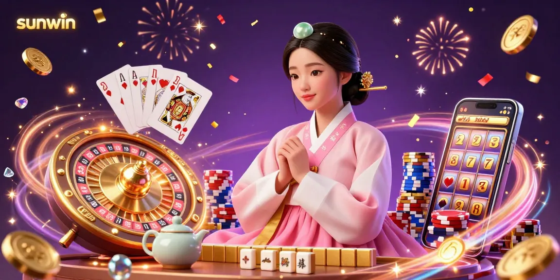 Experience the excitement of sunwin casino with a serene woman amid a vibrant gaming scene.