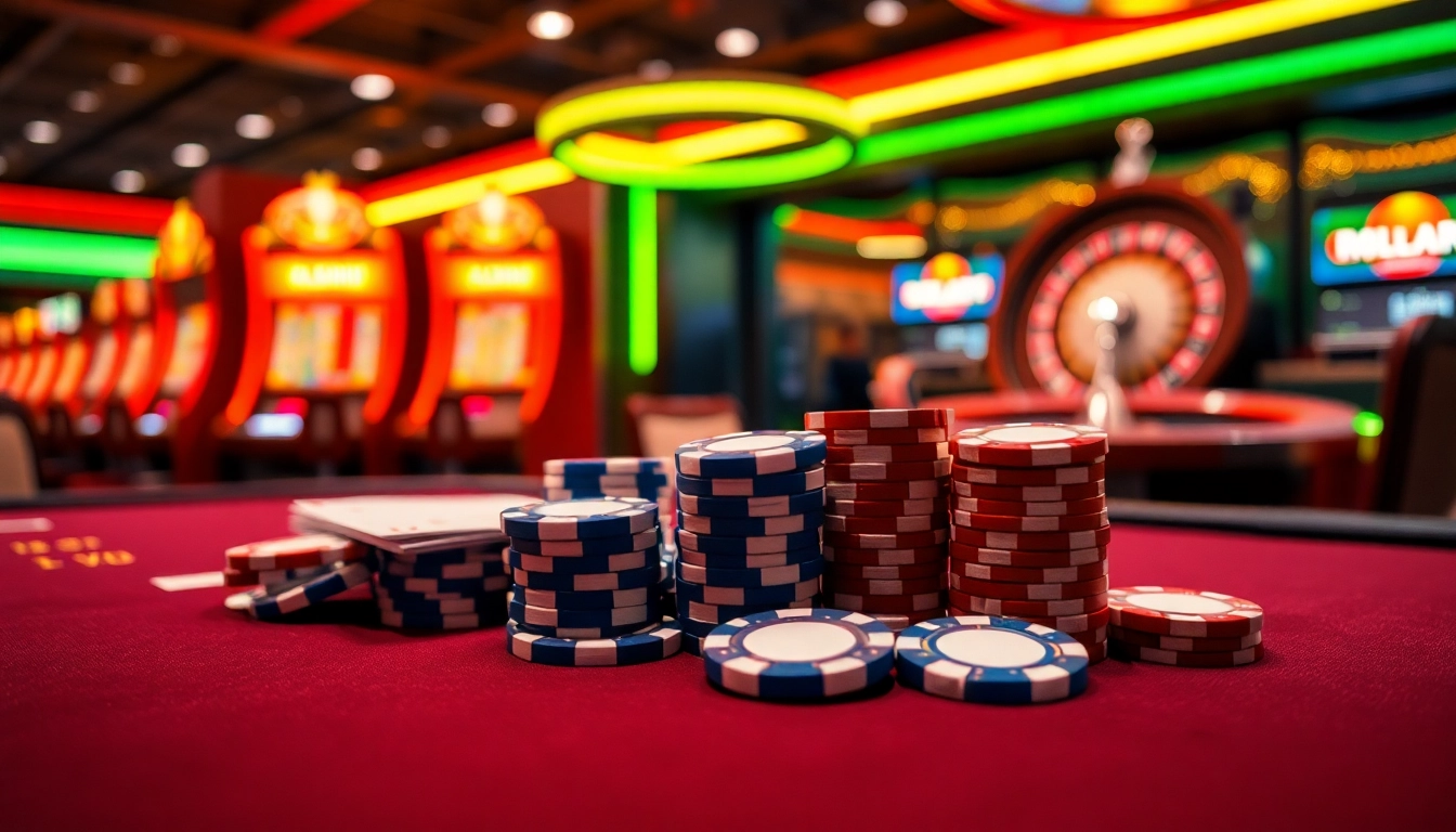 Experience high-stakes gaming at 68VIP with luxurious casino tables and vibrant poker chips.