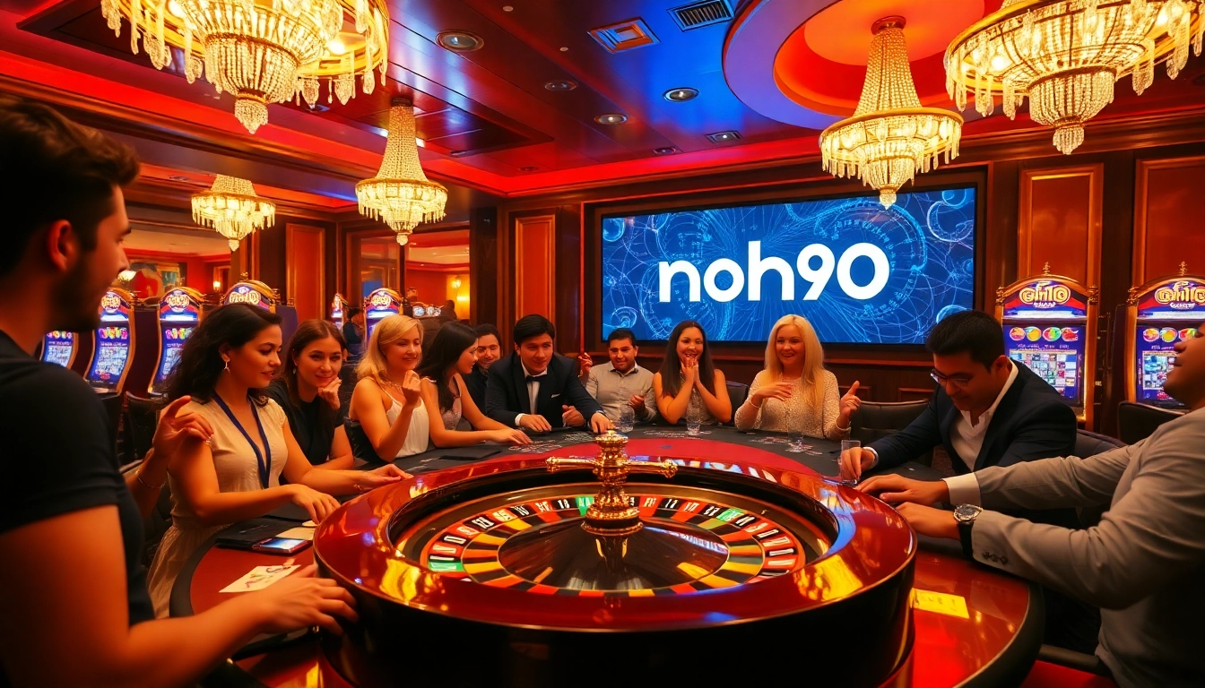An energetic casino atmosphere at nohu90 with players engaged at a roulette table.
