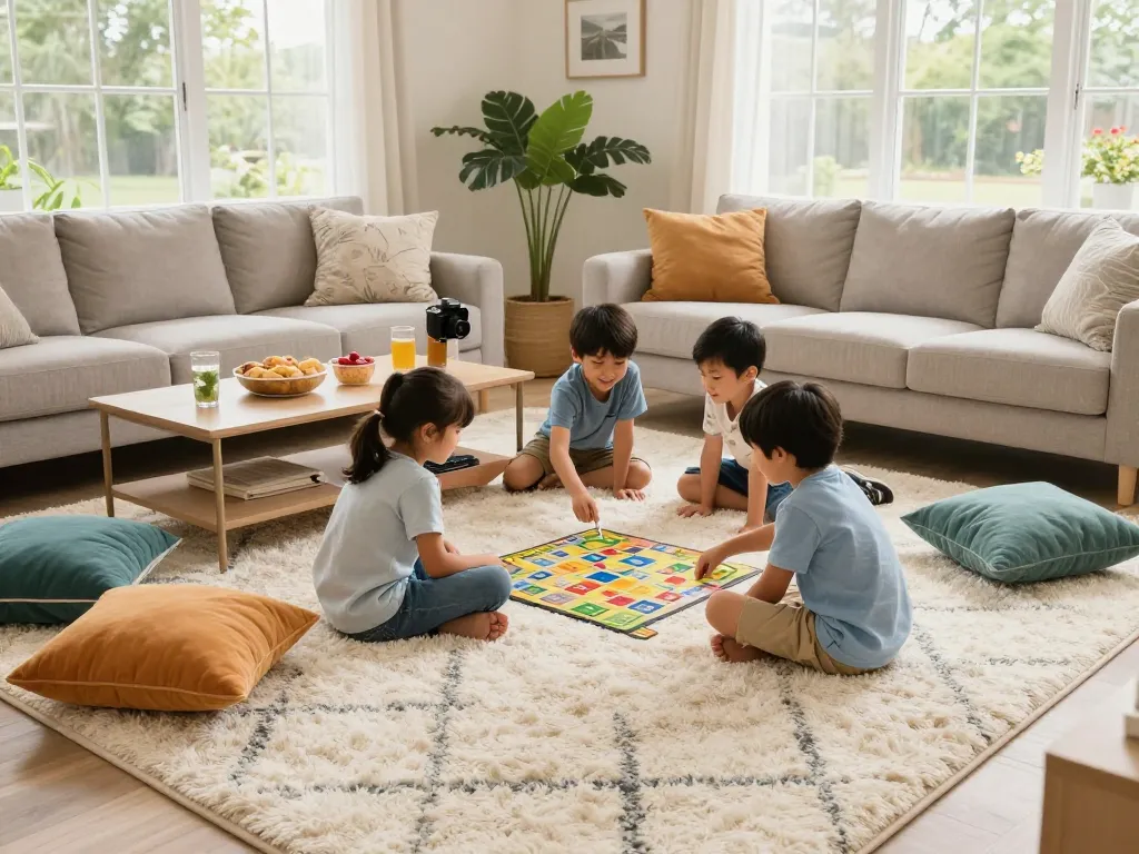 Residential carpet installation in a cozy living room with a family enjoying their soft new carpet.