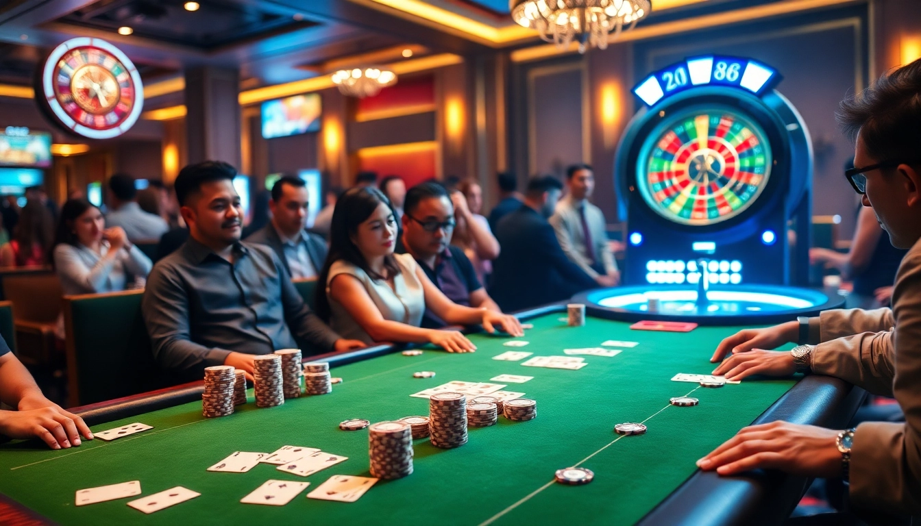 MM88 gamers excitedly playing at a vibrant casino table with colorful chips and cards.