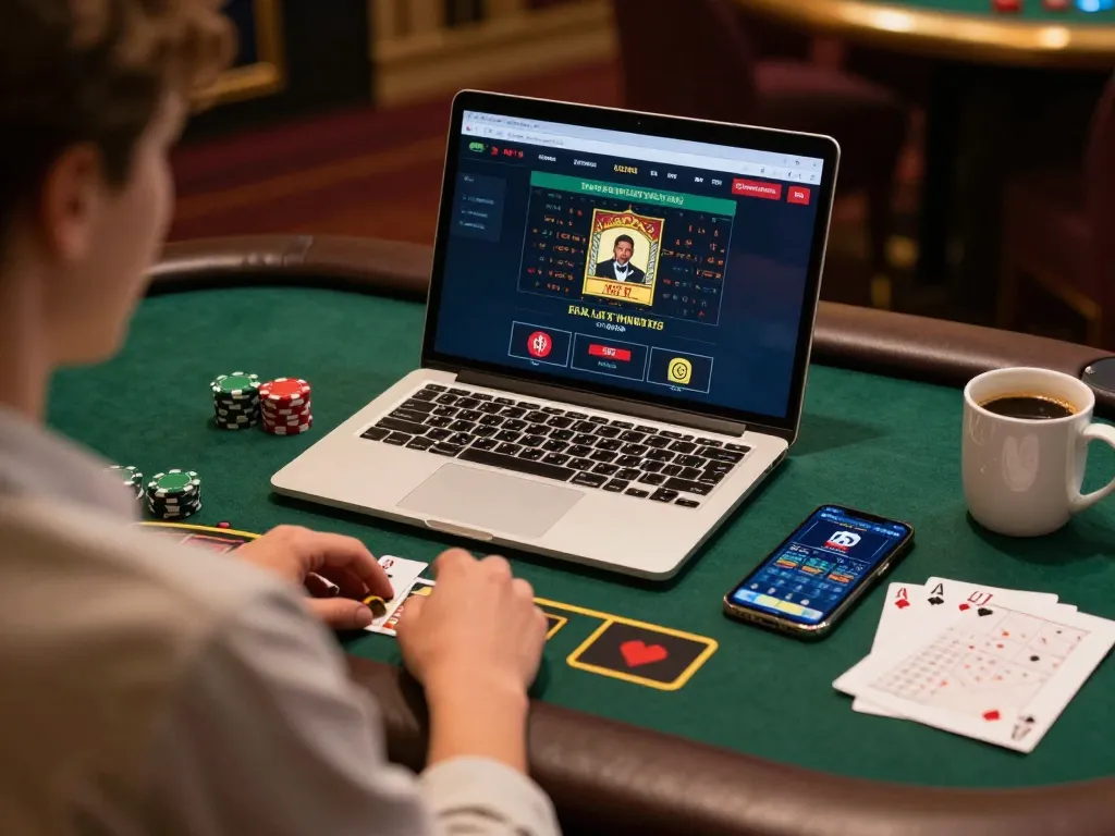 Enjoying online blackjack at 789win with laptop and betting app setup in cozy environment.