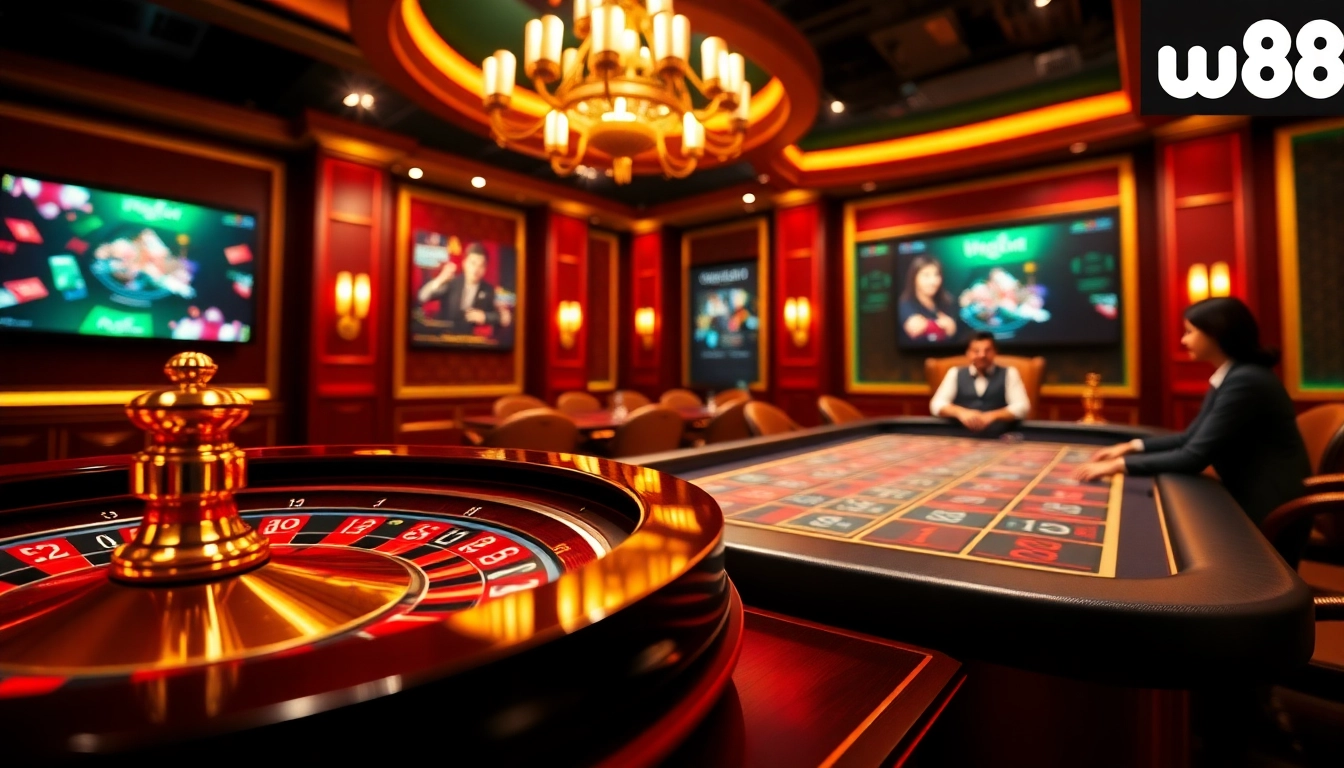 Experience thrilling games at nhà cái w88 with a lively dealer table and betting slips.