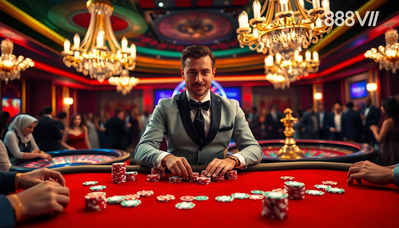 Experience the thrill of poker at 888VI's luxurious casino tables with vibrant chips and cards.