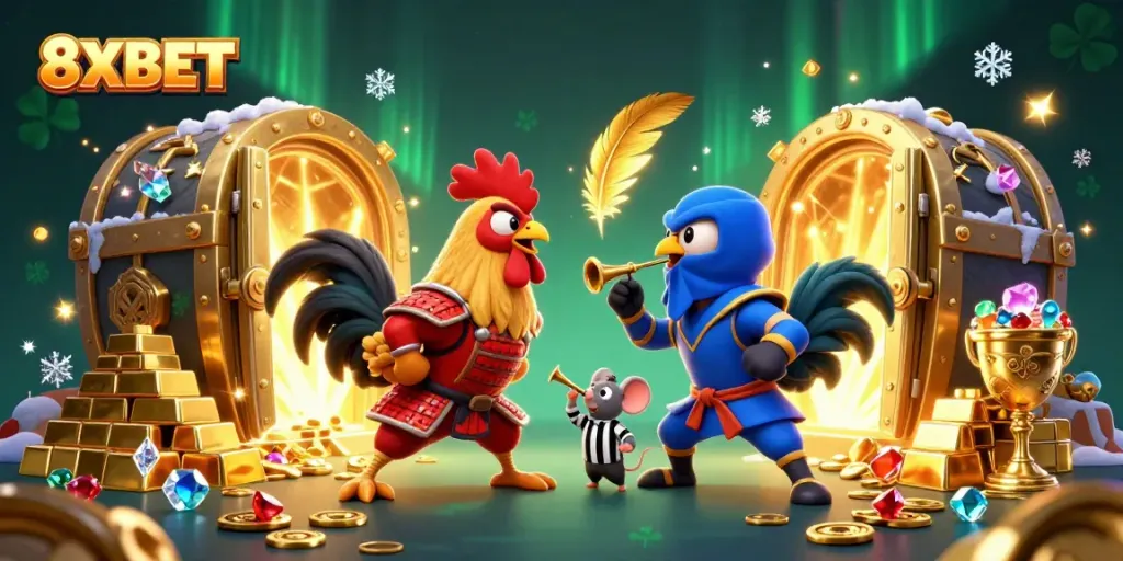 Engage in thrilling fights with 8XBET's dynamic rooster showdown featuring golden treasures and rich casino elements.