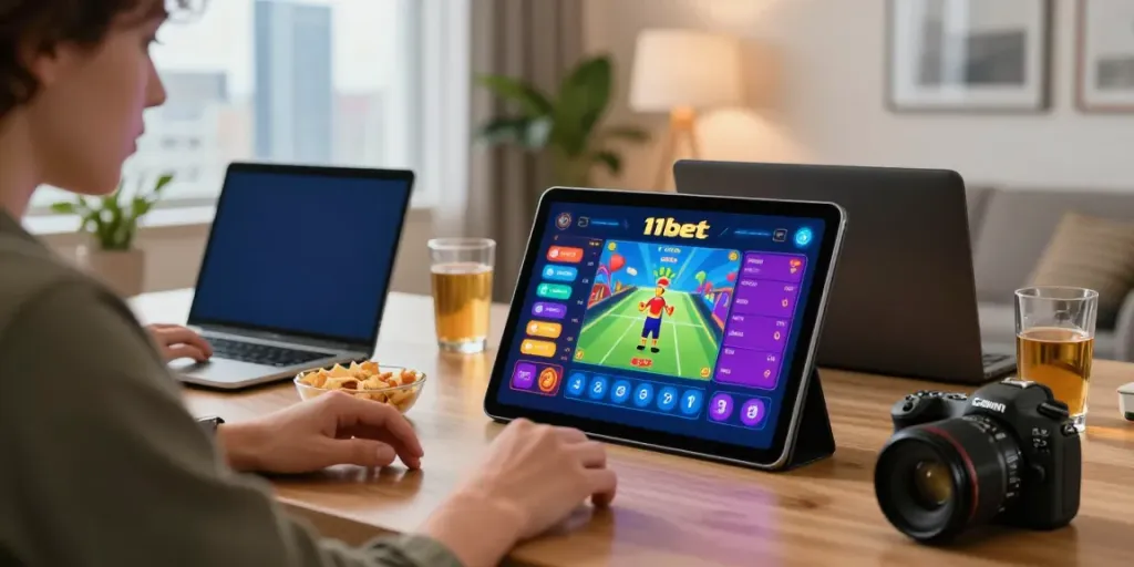 Engaging gaming experience on 11bet tablet in stylish urban setting
