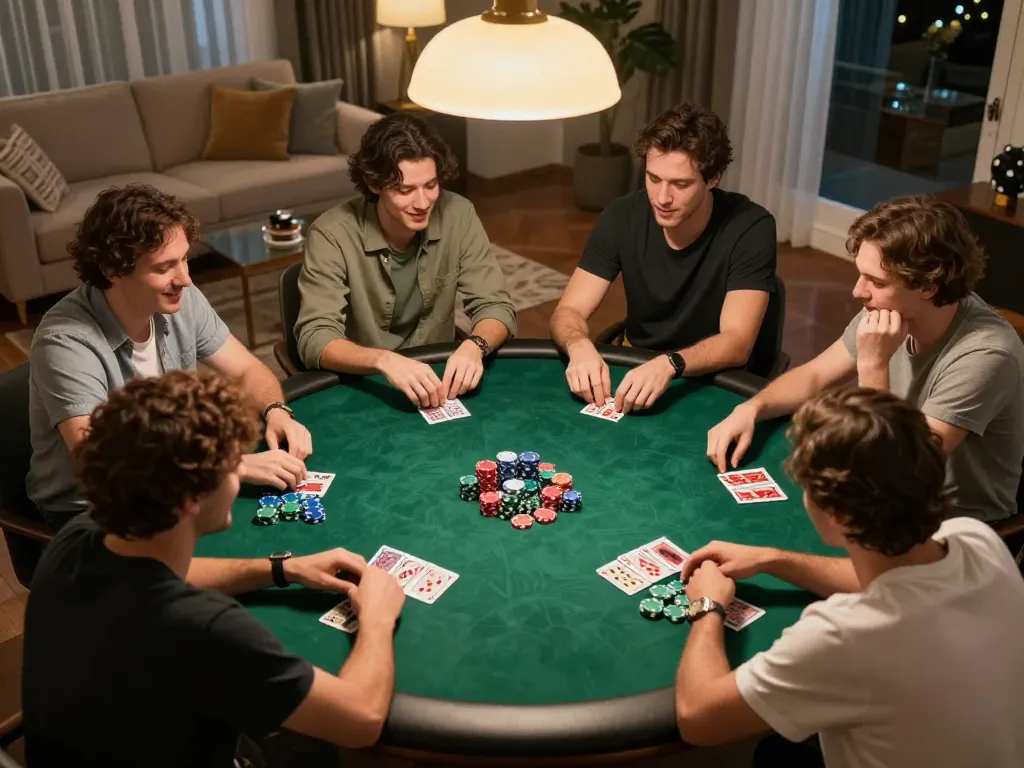 Luck8 players engaging in competitive poker game around a table with vibrant chips and cards, highlighting strategic interaction.