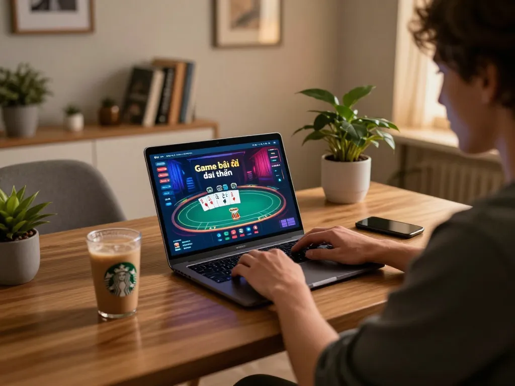 Player engaged in Game bài đổi thưởng on laptop in a cozy home office, emphasizing responsible online gaming.