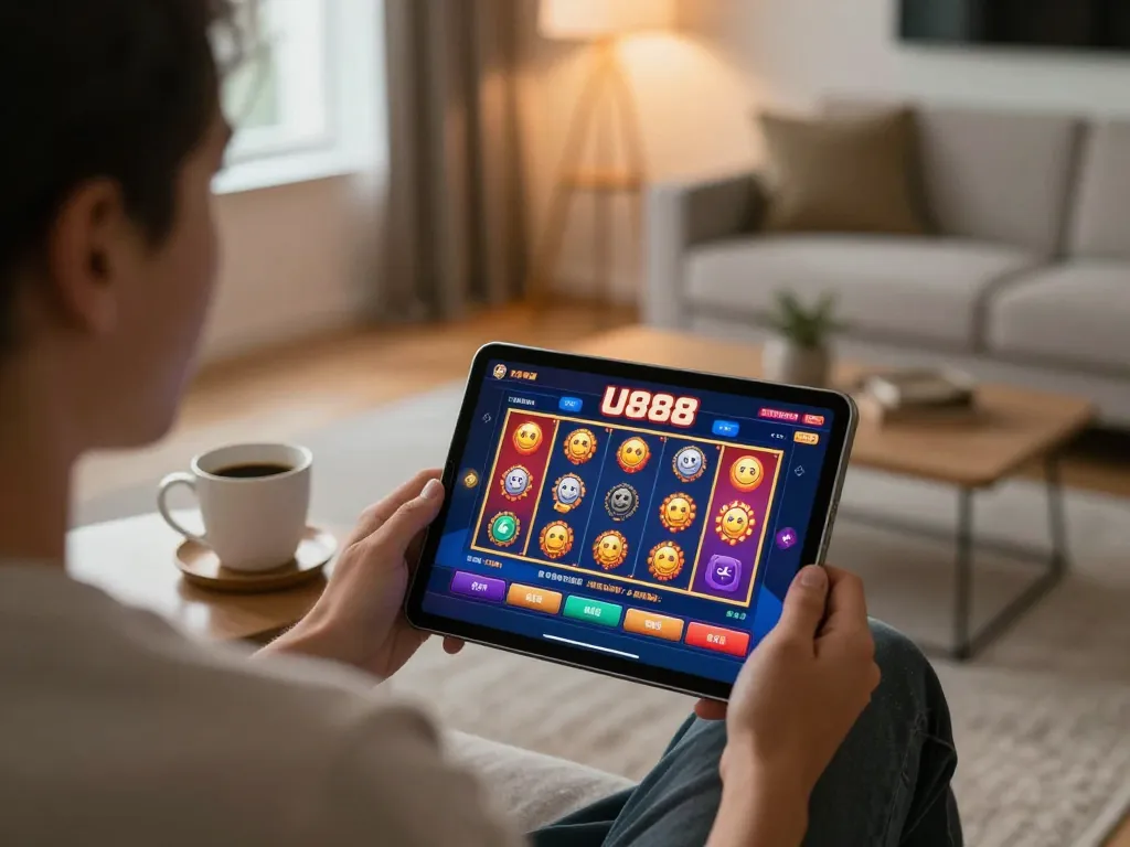 Engaging in thrilling U888 online gaming on a tablet, showcasing colorful slot graphics.