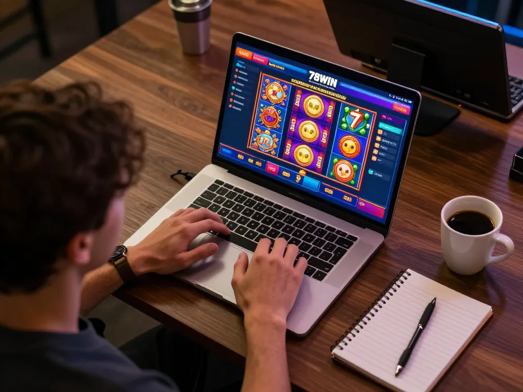 Experience exciting gameplay with 78winvina as a player engages in online casino action at their home desk.