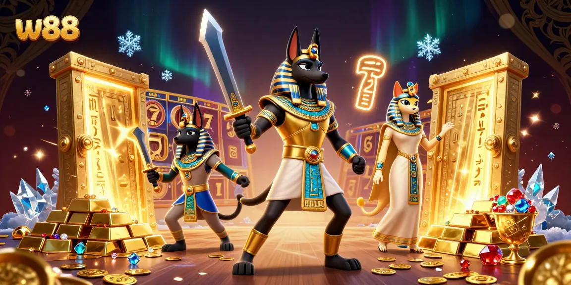 Experience exciting wins at w88 with Anubis and Bastet amidst vibrant casino treasures.